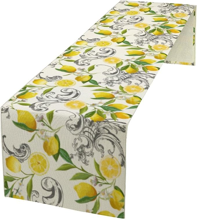 Lemon Table Runner , Summer Yellow Fruits Green Leaves Kitchen Dinning Table Decoration for Indoor Outdoor Home Party Decor 13"x90"