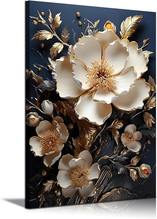 3D Abstract Flower Canvas Wall Art White Floral Texture Poster Prints Serene Blossoms Wall decor pictures for Bedroom and Bathroom Home Decorations Framed (12inx16in Canvas)