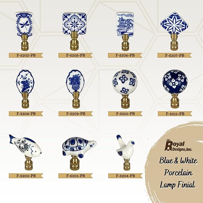 Royal Designs, Inc. Porcelain Turtle Finial for Lamp Shade, Polished Brass, Blue & White, Pack of 2