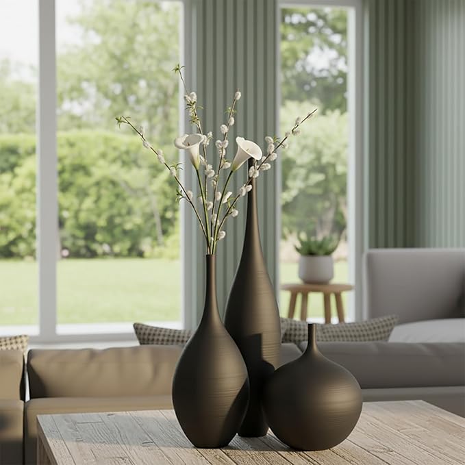 Black Ceramic Vases Set of 3, Modern Boho Vases for Centerpiece Decor, Matte Minimalist Decorative Vases for Home Decor, Living Room, Bookshelf, and Entryway Table Decor