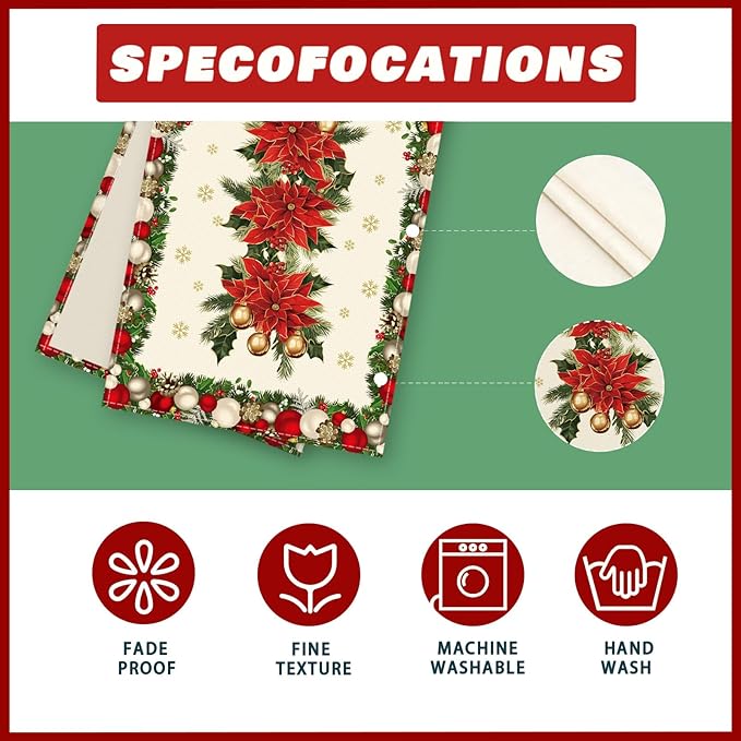 XCHI Christmas Poinsettias Leaves Bells Snowflakes Winter Xmas Table Runner Table Decoration for Home Kitchen Dining Holiday Decor 13x108 Inch