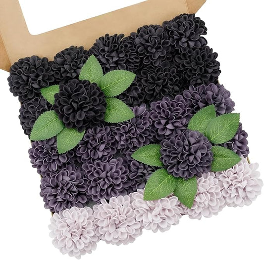 Artificial Flowers, 100pcs Realistic Artificial Rose for DIY Wedding Bouquets Centerpieces Arrangements, Gradient Violet Shades Dahlia Flowers with Stem for Bridal Shower Party Home Decorations