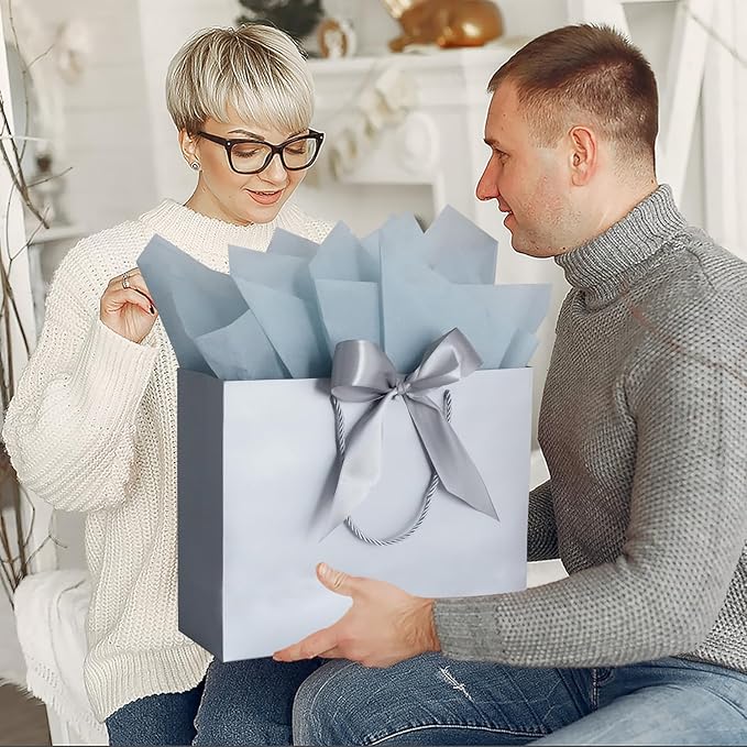 Large Gift Bags, 2PCS Gift Bags with Handle Tissue Paper Greeting Card, 13’’ Portable Birthday Gift Bag Set, Silver Present Bags for Birthday Party Favor Wedding Baby Shower Father’s Day, 13x10x4inch