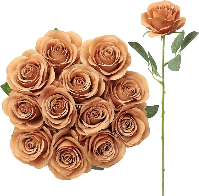 12pcs Roses Artificial Flowers Terracotta Fake Roses Flowers with Long Stems Silk Flowers for Wedding Bouquet Centerpices Decorations Party Bridal Baby Shower Home Decor