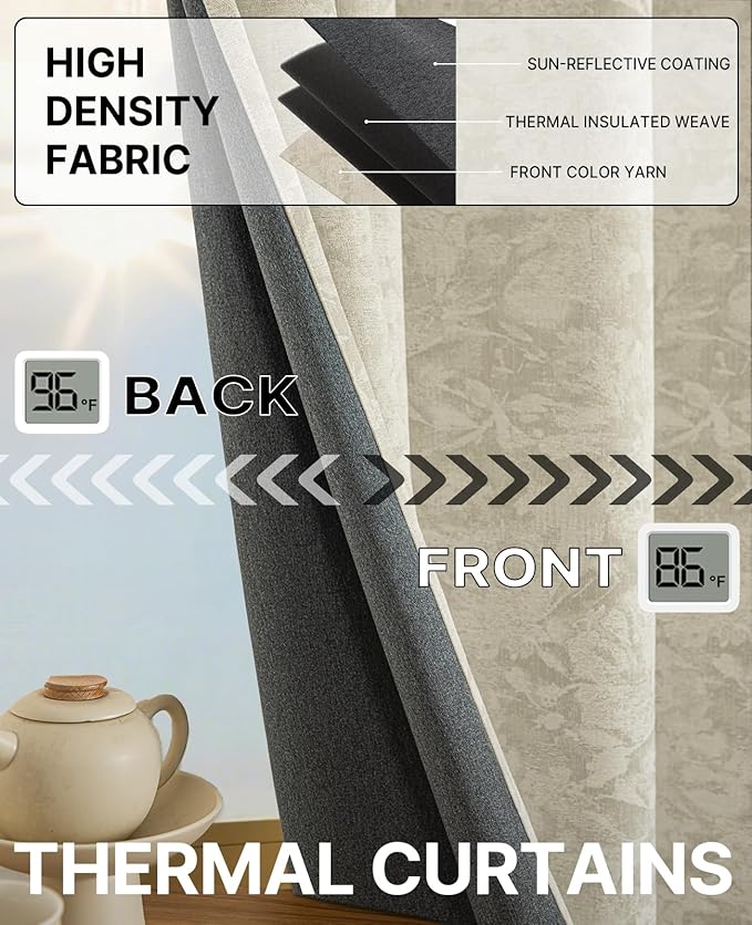 Chenille Floral Blackout Curtains 108 Inch Length 2 Panels Set - Bedroom Living Room Darkening Thermal Insulated Black Out Window Treatments Grommet Jacquard Drapes 52 Inch Wide Beige