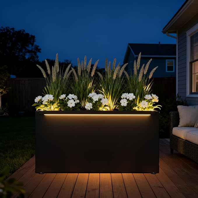 GSK 30" L Black LED Metal Planter Rectangle Flower Box Light Strips ×2 Galvanized Trough Indoor Rectangular Outdoor Patio Terrace Balcony Garden Plant with Drainage Holes & Insert
