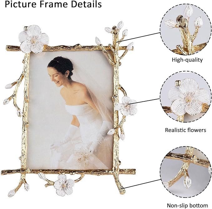 Gold 5x7 Picture Frame Decor Ornate White Floral Photo Frames with High Definition Glass Front, Art Decor Tabletop Display, Gifts Ideas for Women, Horizontally & Vertically