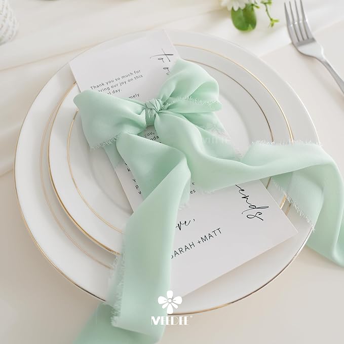 MEEDEE Mint Green Chiffon Ribbon 3 Inch Green Frayed Chiffon Silk Fringe Ribbon Wide Chiffon for Crafts, Flower Bouquet, Wedding Favors Wrapping (2 Rolls 10 Yards)