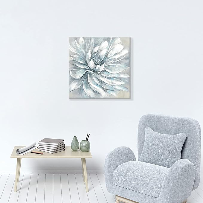 summer melody Abstract Flower Canvas Wall Art: Elegant White Modern Floral Painting Contemporary Blue Silver Peony Picture Gray Nature Botanical Prints Gallery Artwork for Bedroom