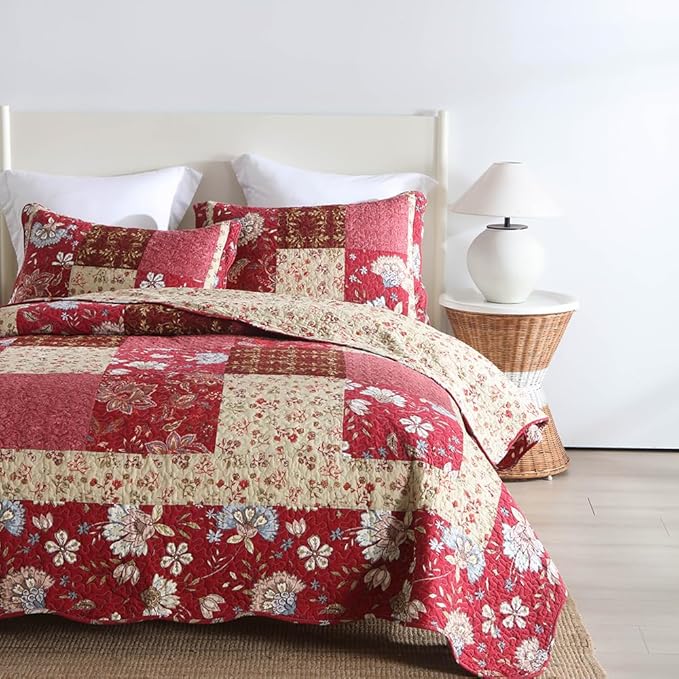 Cotton Bedspread Quilt Bedding Sets 3 Pieces Reversible Coverlet Sets Comforters Vintage Floral Patchwork Purple Red Bedspread, King Size