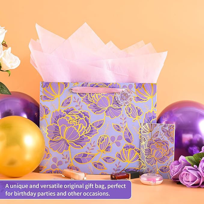 Bloomwords 13" Mother’s Day Gift Bags with Card Tissue(Rose Flower) for women Celebrating Birthdays, Valentine's Day, Weddings, Anniversaries (Purple,1PCS Flower Gift Bag)