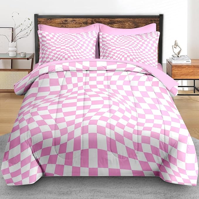 Comforter Set Queen Size, Pink Cool Geometric Plaid 7 Pcs Bedding for Kids and Adults, Chess Checkered Baby Bed Sheet Sets with Fitted Sheet 2 Pillowcase & 2 Sham for Bedroom Bed Decor