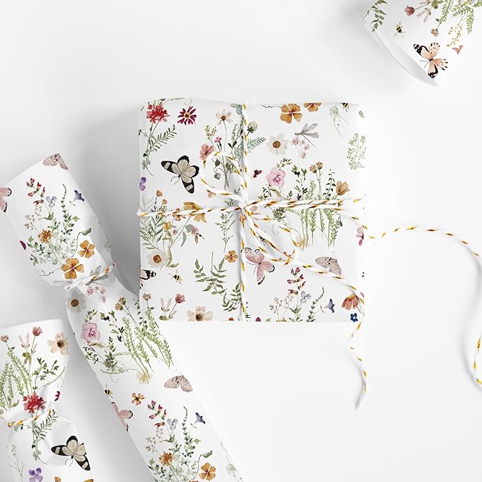 JarThenaAMCS Wildflower Wrapping Paper -Mini Roll- 17 Inch x 32.8Ft Watercolor Floral Butterfly Gift Wrap Paper Spring Art Paper for Wedding Bridal Baby Shower DIY Craft