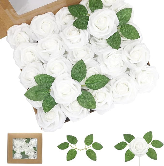 Artificial Flowers 50PCS White Roses Real Looking Foam Fake Roses with Leaves and for DIY Wedding Bouquets Bridal Shower Centerpieces Party Decorations (White)