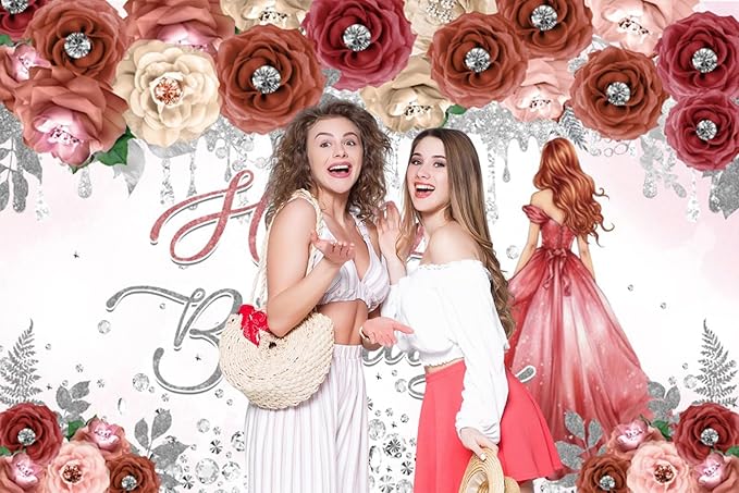 AOFOTO Happy Birthday Backdrop Red Beige Pink Rose Floral Diamond Print Photography Background for Women Girls Birthday Party Banner Home Wall Decor Photo Studio Booth Props 7x5ft