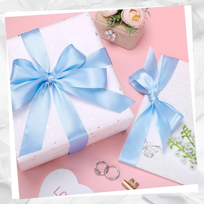 Blue Ribbon 1 Inch 60 Yards Double-Sided Light Baby Blue Satin Ribbon for Baby Bridal Shower Party Nursery Decor Wedding Hair Bows Christmas Gift Wrapping