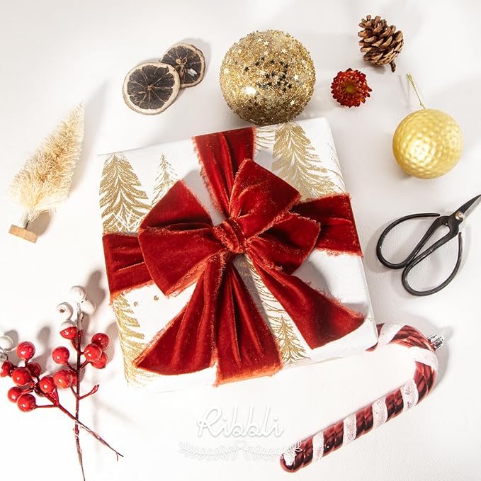Ribbli Christmas Wrapping Paper Christmas Tree with Gold Foil White Kraft Gift Wrapping Paper Rolls -17 Inch x 33 Feet Per roll