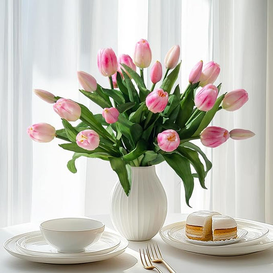 20PCS Fake Tulips Artificial Tulip Silk Flowers Fake PU Bouquet Artificial Flowers Faux Flowers with Gift Box Soft Faux Tulips Bouquets Arrangements for Party Wedding Home