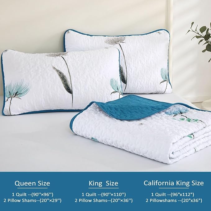Dinjoy King Size Quilt Set Floral,3 Pieces Teal & White Quilts Coverlet Set Flower Bedspreads Bed Cover Lightweight Grey Quilt Boho Bedding Sets for King Bed All Season110 x90