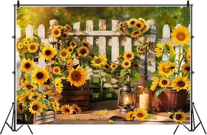 Rustic Sunflowers Backdrop Rustic Wooden Fence Sunflower Floral Photography Background for for Girls Woman Garden Party Banner Decoraitons Portrait Photo Booth Studio Props 9x6ft FU041DX