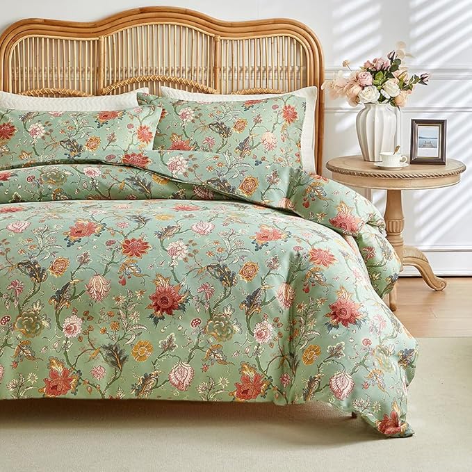 LifeTB Vintage Garden Floral Comforter Set Twin XL Chic Vibrant Green Floral Bedding Comforter Fluffy Soft Bohemian Flower Botanical Comforter with 2 Pillowcases Boho Farmhouse Bed Comforter Set
