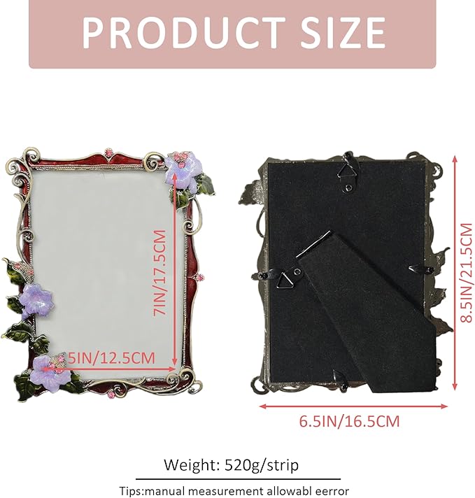 Vintage Floral Picture Frames Luxury Unique Ornate Antique Metal 5X7 Photo Frame of HD Glass for Tabletop/Wall Display Gifts for Women (Retro Purple Flowers with Red Edges)