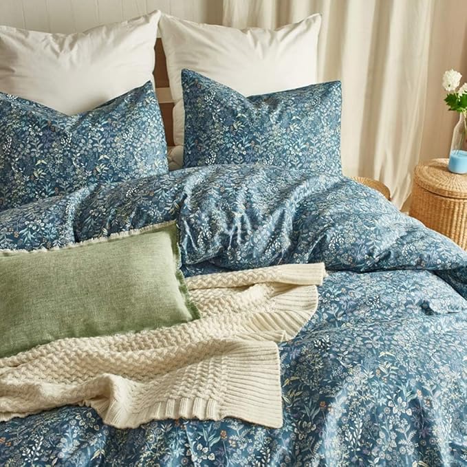 Vintage Floral Duvet Cover Small Blue Flower Duvet Cover Full Size Garden Style Floral Comforter Cover 100% Cotton Aesthetic Cottagecore Bedding Set Flower Botanical Comforter Cover with Zipper Ties
