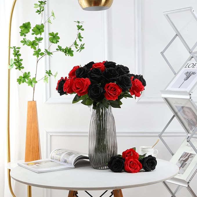 Tifuly Roses Artificial Flowers - 12 pcs Realistic Long Stem Fake Roses Mashup Style Silk Roses for DIY Bouquets Wedding Centerpieces Arrangements Home Party Decor(Black & Red)