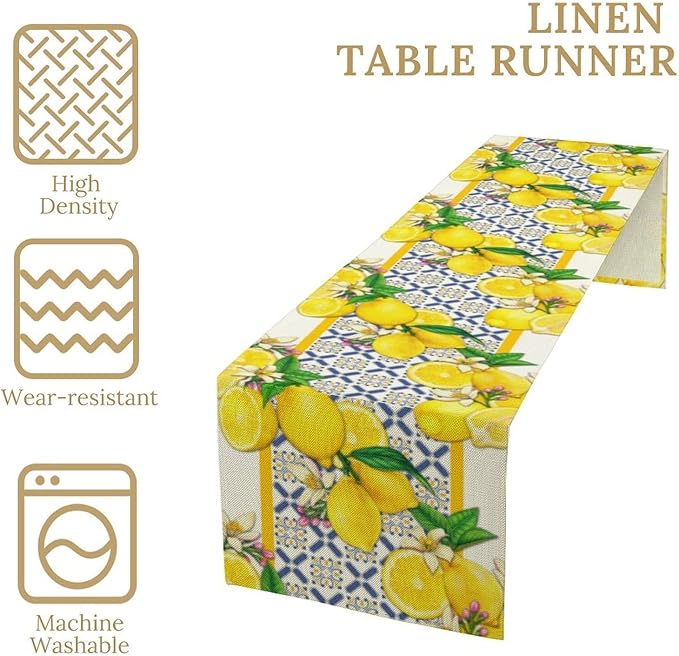 Lemon Table Runner ,Summer Blue Tiles Lemons Kitchen Dining Table Decoration Lemons Table Cover for Indoor Outdoor Home Party Decor, 13 x60 in