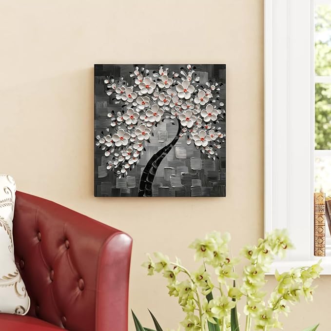 YaSheng Art- 3D White Flowers Oil Paintings on Canvas Thick Texture Black and White Canvas Wall Art HandPainted Abstract Artwork Home Decorations Modern bedroom Dining Room Wall Art Ready to Hang 24x24inch