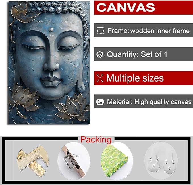 Canvas wall art Golden lotus crown Serene Buddha poster Ethereal blue toned art with delicate floral decor Zen wall art for a tranquil meditation space 16x24in Wood Framed