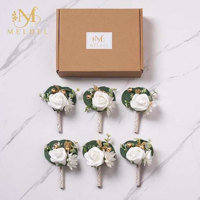 Meldel White Boutonniere for Men Wedding, Set of 6, Best Man Groom Groomsmen Boutonniere, Men Boutonnieres for Wedding Prom Party Homecoming
