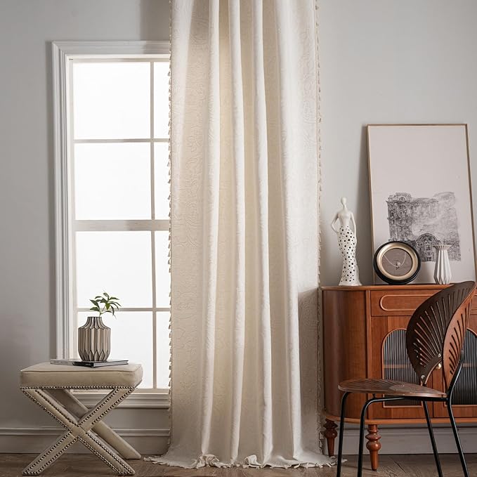 ENJOYBRIDAL Paisley 96 Inch Curtains for Bedroom Living Room Drapes Jacquard Semi Sheer Off White Long Window Curtain Panels Rod Pocket 2 Panels Set Boho Farmhouse Floral Cream Window Treatments