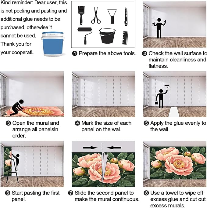 Peony Flower Wall Mural, Retro Pink Peony Flower 3D Wall Murals, Romantic Garden Theme Wallpaper Mural, for Living Room Bedroom Large Wallpaper Indoor Decor 157.5" W x110.3 H