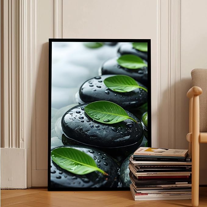 Glittering black stone cluster with fresh green leaves and water drops poster tranquil mist rain wall art zen wall art suitable for modern minimalist home decor 12x18in Metal blackFramed