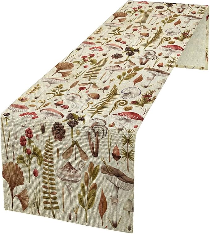 Vintage Mushroom Table Runner Rustic Botanical Plants Boho Wildflower Spring Summer Seasonal Dinner Runner for Farmhouse Kitchen Dining Table Decoration Cabin Home Holiday Party 13x108in