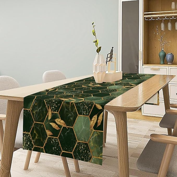 Hunter Green Marble Table Runner Abstract Dark Emerald Green Marble Hexagon Texture Golden Leaves Dinner Runner Table Decoration for Home Kitchen Dining Holiday Party 13x70in