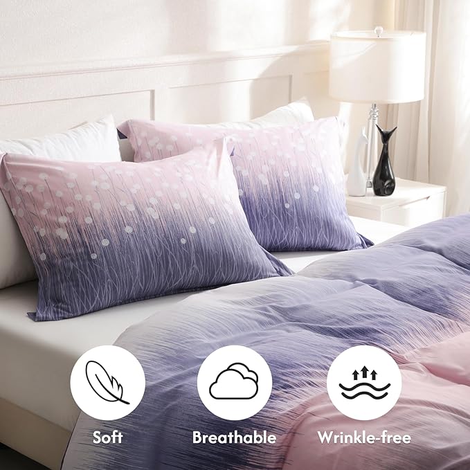 LONAVA King Patchwork 3 Pcs Duvet Cover Set, Breathable Soft Microfiber Purple Lining Comforter Cover with Zipper Closure, and 2 Anti-Pilling, Fade Resistant Pillowcases, Purple Blossom