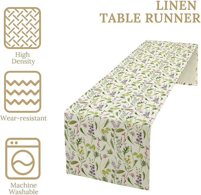 Wildflower Table Runner, Watercolor Green Botanical Flowers Vintage Bohemian Design Table Runner for Kitchen Dining Home Party Home Decor , 13x108 Inch