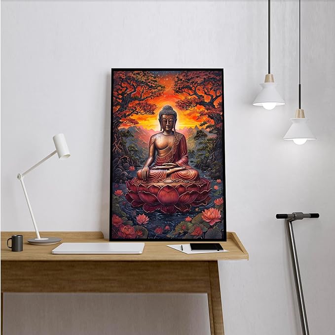 Golden Buddha on lotus seat serene meditation statue amidst lush trees flowing water and sunrise light spiritual home art for a tranquil decor 20x30in Metal blackFramed