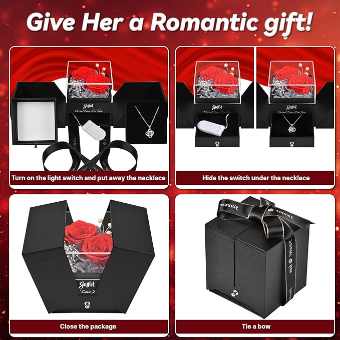 2 Preserved Rose Gift for Women - Eternal Rose with I Love You Necklace - Romantic Birthday Gifts for Girlfriend Mom Her Wife Grandma on Valentines Mothers Day Anniversary Christmas-Red