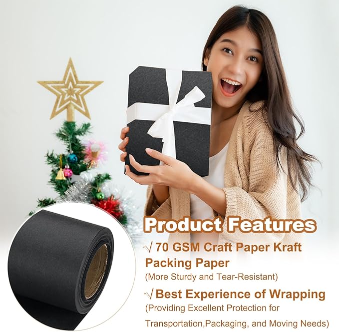 PATIKIL Wrapping Paper, 20" x 300"(25') 70 GSM Craft Paper Roll Kraft Packing Paper for Poster Bulletin Board, Gift Wrapping, Black