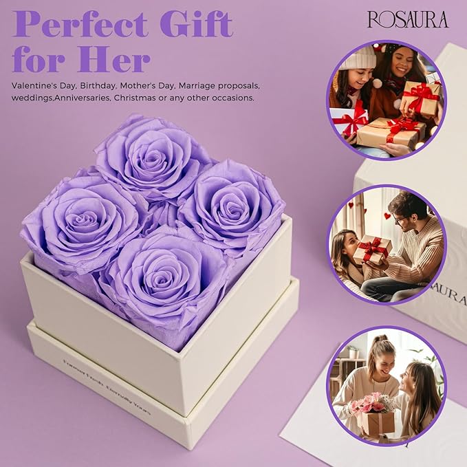 Rosaura 4-Piece Eternal Preserved Roses & Flowers Gift Box - Forever Lasting Real Roses, Preserved Flowers for Valentine's Day (Light Purple)