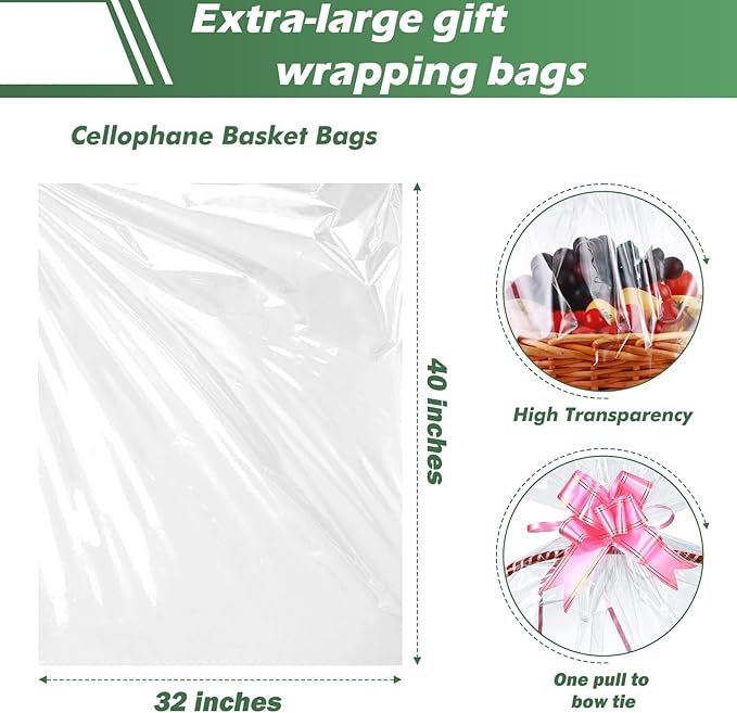 30 Packs 32 x 40 Inches Extra-large Gift Wrap Cellophane Bags for Basket Jumbo Clear Cellophane Wraps Clear Huge Cello Bags for Baskets, Gifts, Christmas Tree, Treat, Art and Craft, 30ct Pink Ribbon Bows