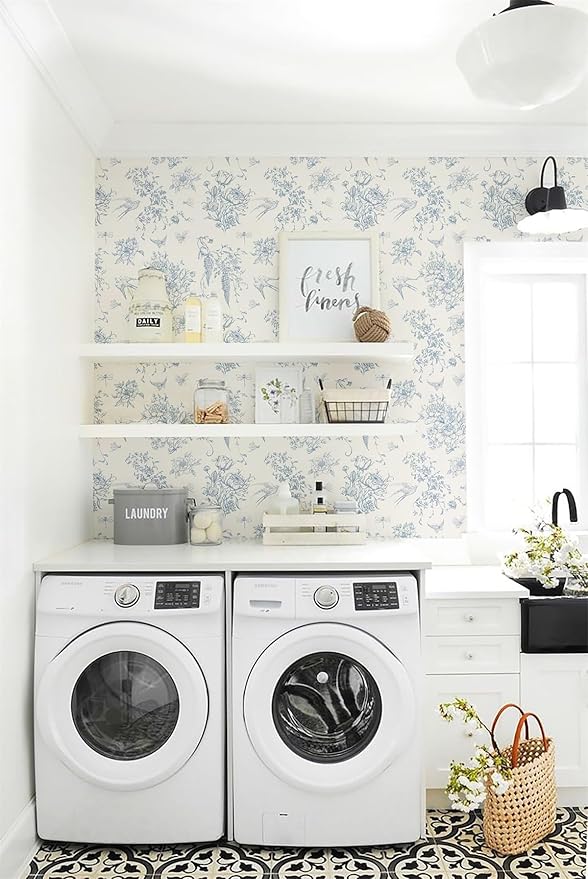 Cream White and Blue Peel and Stick Wallpaper Vintage Floral Contact Paper 16.9"x 393.7" Blue Floral Wallpaper Peel and Stick Birds Self Adhesive Removable Wall Paper for Bedroom Bathroom