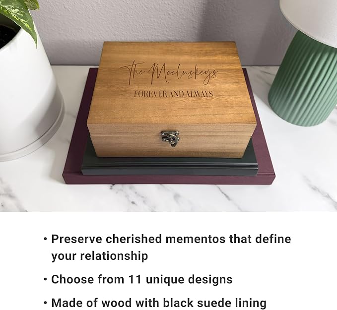 Let's Make Memories Personalized Wooden Keepsake Box With Hinged Lid - Wood Memento Box - Decorative Storage - Home Decor - For Couples, Wedding, Newlyweds - Laser Engraved - Our Love Story Script