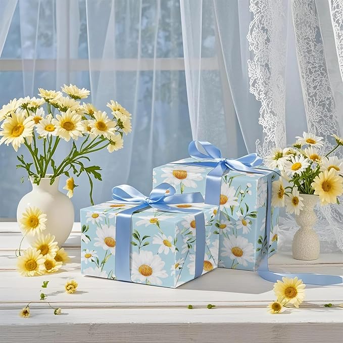 LeZakaa Daisy Wrapping Paper Roll for Girls Women, Light Blue Daisy Fresh CheerfuDesign, for Spring Summer Baby Shower, Bridal Shower, Mini Roll 17 in x 16.4 Ft