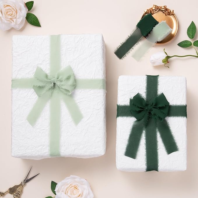 DORIS HOME Dark Green Chiffon Ribbon for Flower Bouquet, 1" x21Yd Fabric Ribbon for Gift Wrapping, Handmade Frayed Ribbon for Wedding Invitations/Christmas Decorations