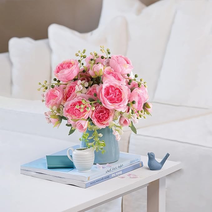 Artificial Peonies Silk Flowers, Pink Faux Peony Bouquet 4 Bundles Florals Arrangements Decor for Farmhouse Home Boho Wedding Table Centerpiece, Fake Plastic Flowers Bulk for Vase Decoration (Pink)