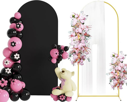 Putros 6ft Metal Arch Stand with Cover Black Spandex Fitted Wedding Arch Cover and Round Top Chiara Backdrop Stand Set for Birthday Party Baby Shower Decoration